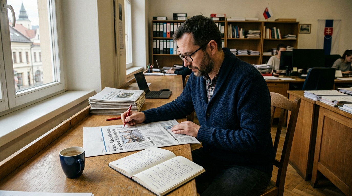 Editor v žilinskej redakcii prezerá tlačené korektúry pri dlhom dubovom stole